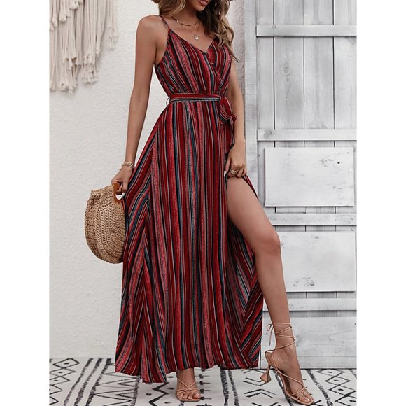 Multicolor Boho Womens Striped Print Split Thigh Belted Cami Dress - Picture 5 of 8